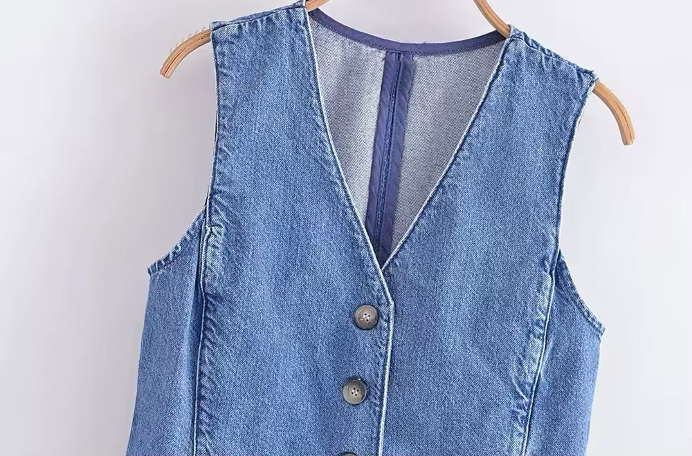 Gilet in denim senza maniche con scollo a V 