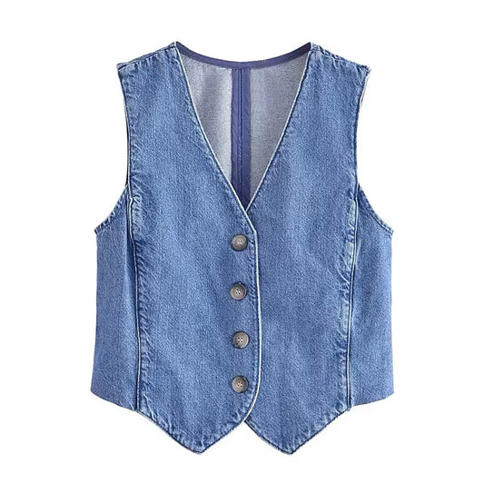 Gilet in denim senza maniche con scollo a V 