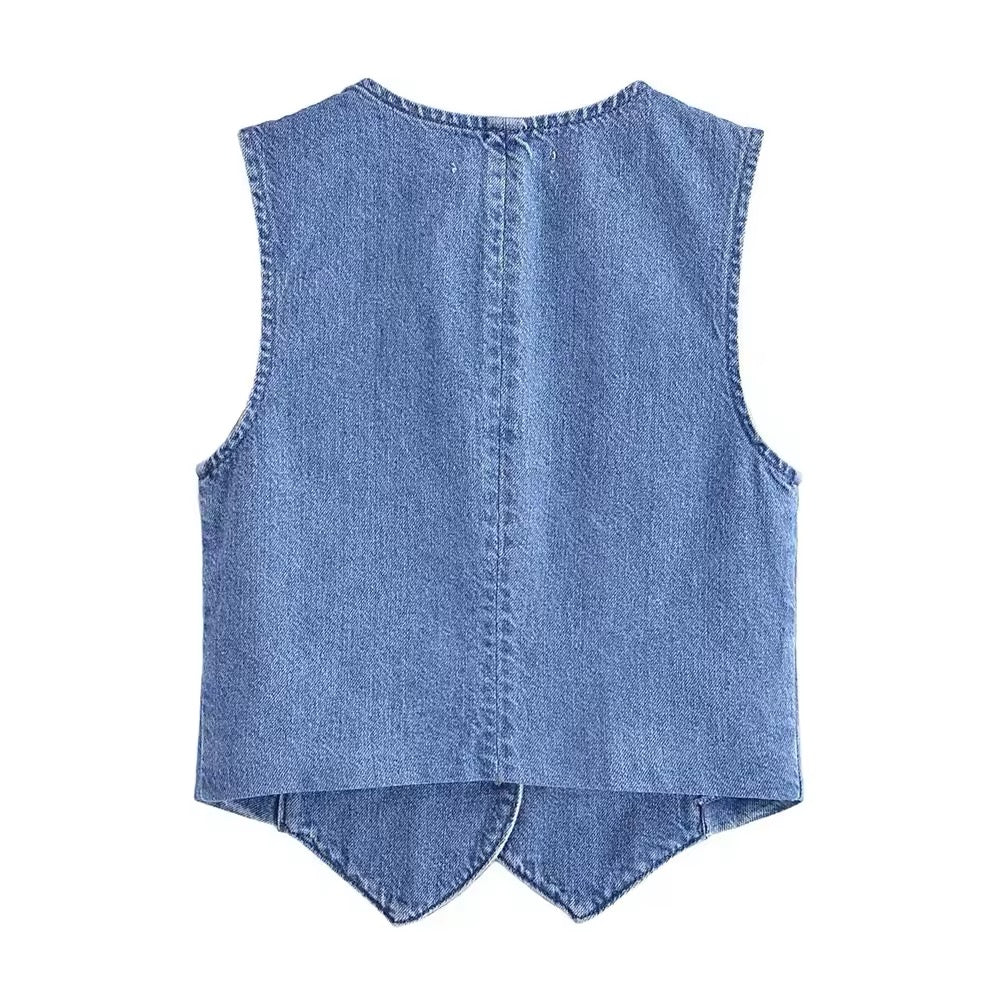 Gilet in denim senza maniche con scollo a V 