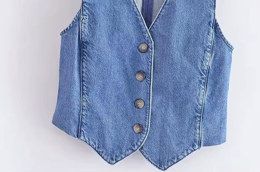 Gilet in denim senza maniche con scollo a V 